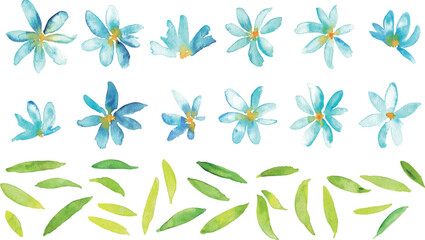 水彩画。水彩タッチの青い花と草木のベクターイラスト。夏の爽やかな植物イラスト背景フレーム。Watercolor painting. Vector illustration of blue flowers and plants with watercolor touch. Fresh summer botanical illustration background frame.