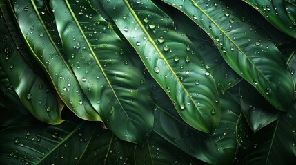 Fototapeta premium Tropical leaf foliage with rain water drops on dark green texture, abstract nature pattern background