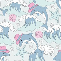 Howdy dolphin jumping in waves vector seamless pattern. Ocean western background.