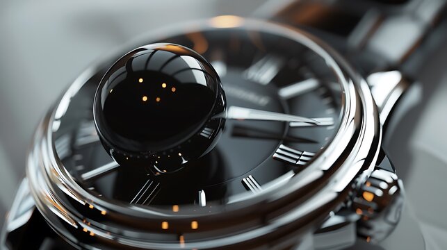 Very neat shot of a stainless steel analog watch with big black sphere isolated