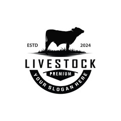 Livestock Logo, Fram Garden Design, Cow Logo Vector Badge Longhorn Bull Cattle Vintage Label Template