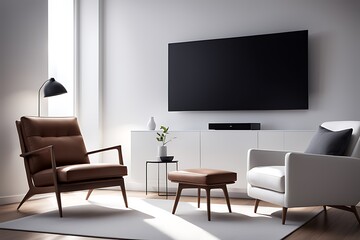  Mockup of a TV wall mounted with an armchair in the living room with a white wall design. 