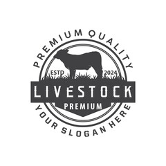 Livestock Logo, Fram Garden Design, Cow Logo Vector Badge Longhorn Bull Cattle Vintage Label Template