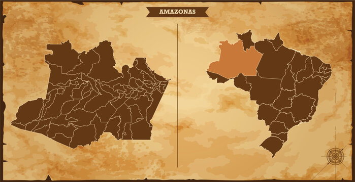 Amazonas state map, Brazil map with federal states in A vintage map based background, Political Brazil Map