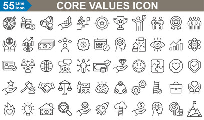 Core values Icons set vector illustrator. Innovation, Goals, Responsibility, Integrity, Customers, Commitment, Quality, Teamwork, Reliability, Inclusion. 