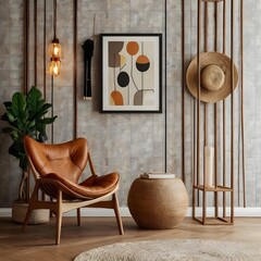 Stylish living room interior composition with creative design vintage chair, wooden cube and elegant personal accessories. Wallpaper. Copy space. Template Generative AI 