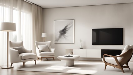  Mockup of a TV wall mounted with an armchair in the living room with a white wall design. 
