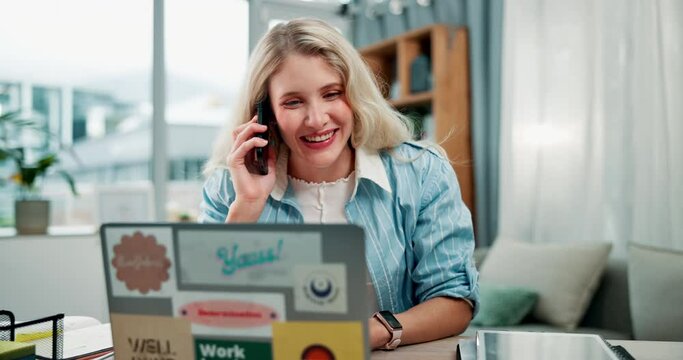 Woman, copywriter and phone call with laptop, work and typing for deadline in home for company or business. Female person, tech and talking for project, assignment or article in media or publication