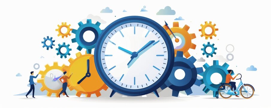 Illustration of clock and gears representing time management and productivity in business, with people interacting with the elements.