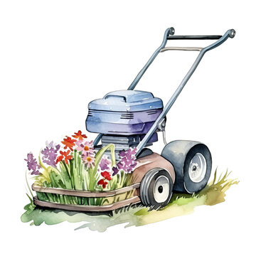 watercolor lawnmower with flowers on grass clip art preview