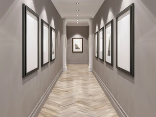 Fototapeta premium A chic hallway with a warm grey wall, showcasing six small empty black frames in a line.