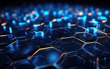 Fototapeta premium Glowing Hexagonal Network: Futuristic Digital Illustration in Blue Tones on Dark Background