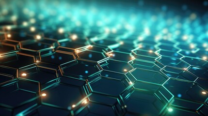 Obraz premium Futuristic Hexagonal Grid Network - Abstract Digital Illustration of Advanced Technology Connectivity in Blue and Green Tones