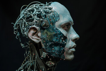 A man's face is made of metal and wires