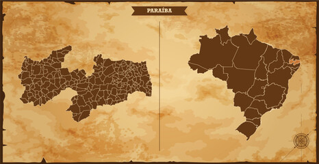 Paraíba state map, Brazil map with federal states in A vintage map based background, Political Brazil Map
