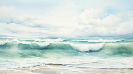 Obraz premium Coastal scene with watercolor waves, minimal blues and greens, golden line art of sea foam and horizon