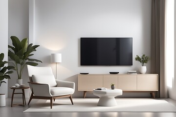  Mockup of a TV wall mounted with an armchair in the living room with a white wall design. 