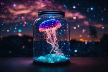 Jellyfish glowing in deep blue