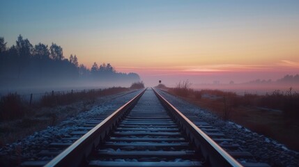 Silhouetted train tracks fading into the distance