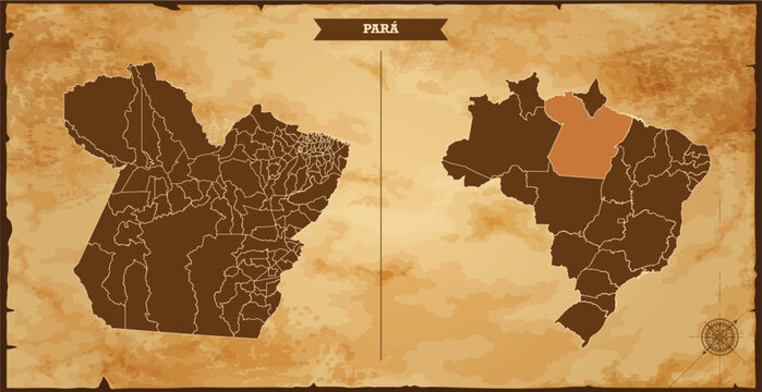 Par&aacute; state map, Brazil map with federal states in A vintage map based background, Political Brazil Map
