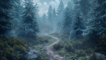 highlights a mysterious and serene atmosphere, featuring a path winding through a misty forest with towering pine trees, evoking a sense of calm and wonder