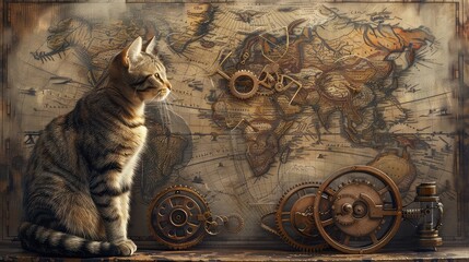 A steampunk-style cat with gears and gadgets, standing on an antique map of the world, Steampunk, Vintage