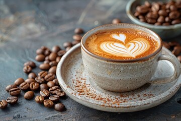 Latte Art Heart Design in a White Ceramic Cup with Beans
