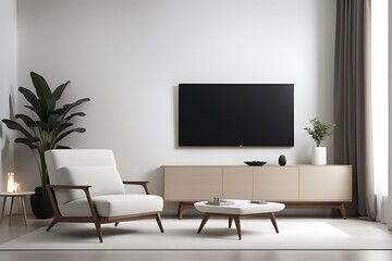  Mockup of a TV wall mounted with an armchair in the living room with a white wall design. 
