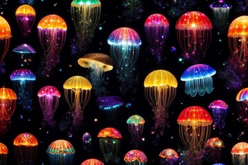 Jellyfish glowing in deep blue