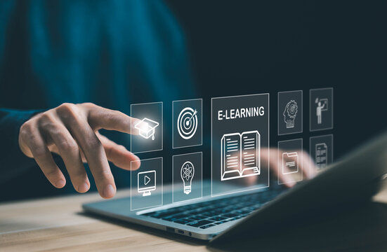 e-learning on a laptop. learning icon,  library on the internet website. concept of lesson learning e-book training digital online. course education in webinar technology