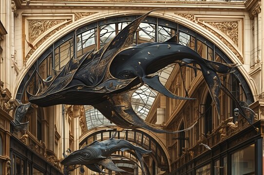 Conceptual stuffed sea monster, shark or whale hanging from the ceiling in an ancient museum. Ancient Monster. A fantastic creature.	
