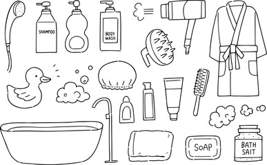 Set of hand-drawn rough line illustrations with a bath theme