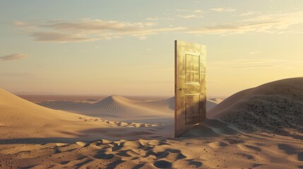 Opened door in desert representing unknown and startup concept | 3d illustration of surreal desert...