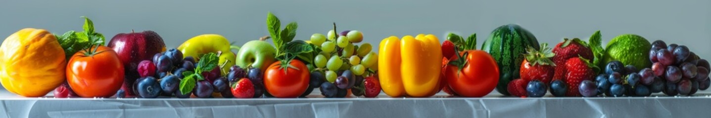 Bright and healthy berries and fruits on a neutral textured background. Ultra-wide. Healthy lifestyle. Live food. Banner poster, background, postcard.	