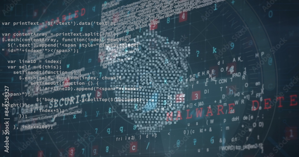 Poster digital code and text forming fingerprint with malware detected in red