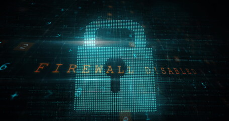 Digital lock icon with FIREWALL DISABLED text on screen