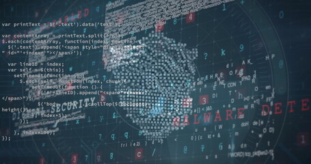 Digital code and text forming fingerprint with MALWARE DETECTED in red