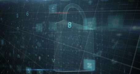 Digital lock graphic with floating numbers and symbols