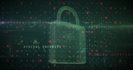 A digital padlock surrounded by cybersecurity terms like firewall disabled and malware detected