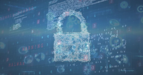 Digital lock icon surrounded by code and warning messages