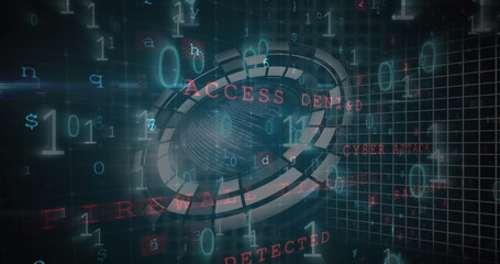 A digital interface displays various cybersecurity warnings like Access Denied