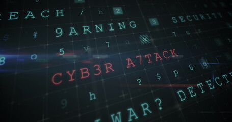 Digital text with phrases like CYB3R A7TACK and SECURITY displayed on screen