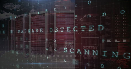Digital interface showing Malware Detected and Scanning text overlaying server racks