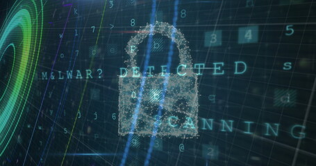 Digital lock icon with text Malware Detected and Scanning on dark background