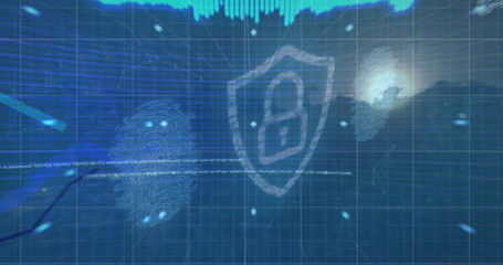 Digital security concept with fingerprint scans and padlock icon on a blue grid background
