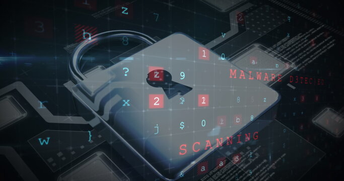 Digital lock icon with malware detection text and scanning symbols overlay