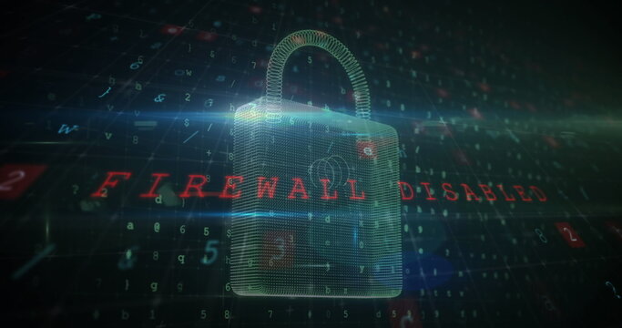 A digital padlock is displayed with text FIREWALL DISABLED in futuristic style