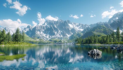 Obraz premium Pristine alpine lake reflecting the towering mountains under a clear blue sky