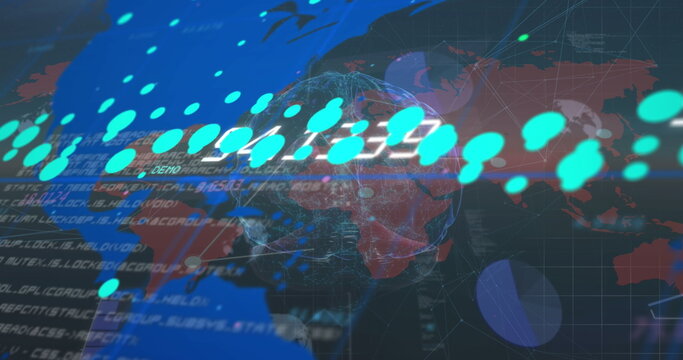 Digital world map with data points and binary code overlay