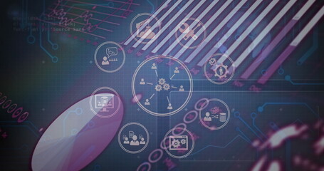 Digital interface with various technology icons displayed on screen